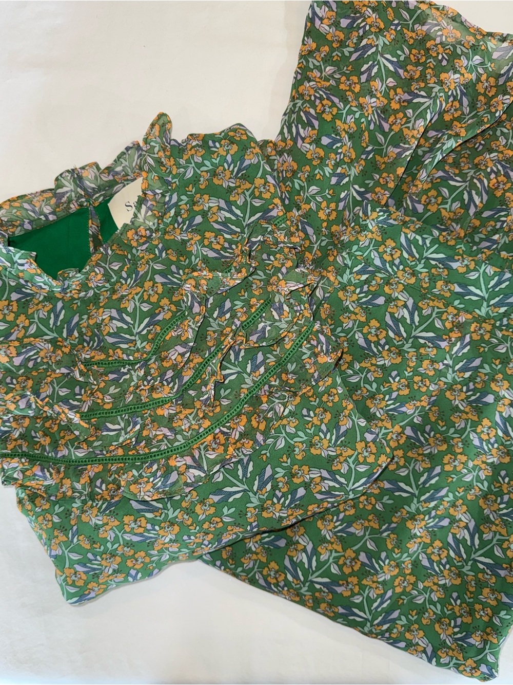 Salt Green Floral Ruffle Blouse & Skirt Set with Yellow Blossoms M/L